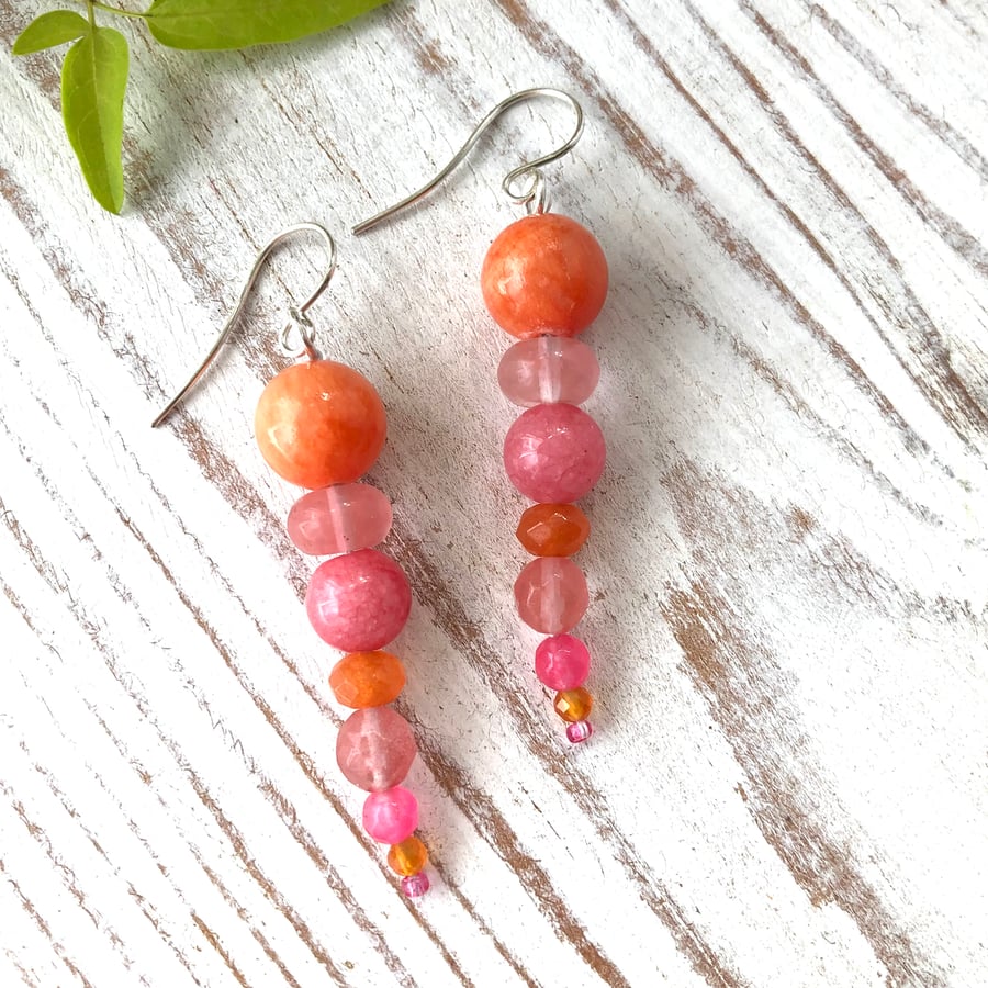 Pink & Orange Gemstone Beaded Earrings Carnelian, Jade, Morganite, Quartz 