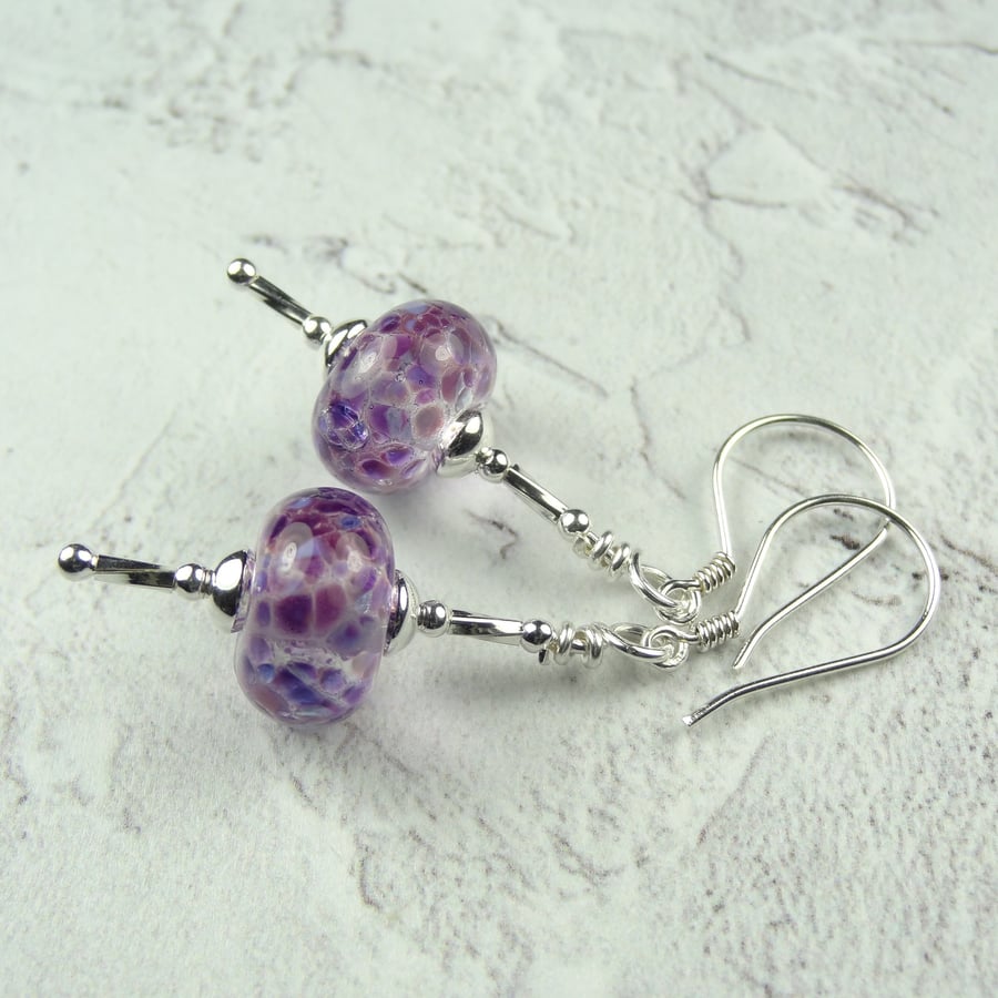 Purple speckled lampwork glass drop earrings, sterling silver, gift box