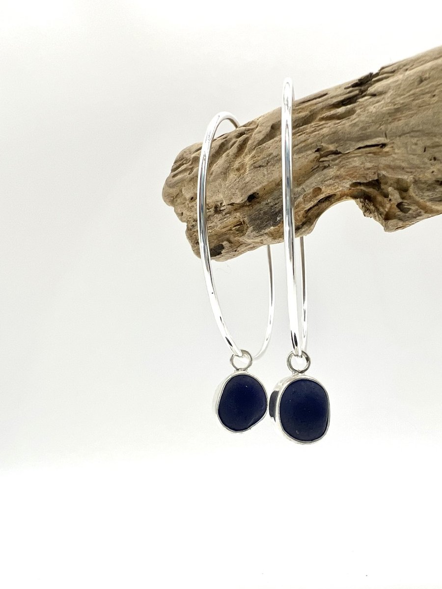 Dark Blue Sea Glass Statement Hoops