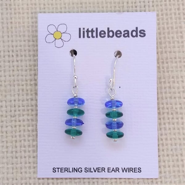 Blue and Green Glass Disc Sterling Silver Earrings