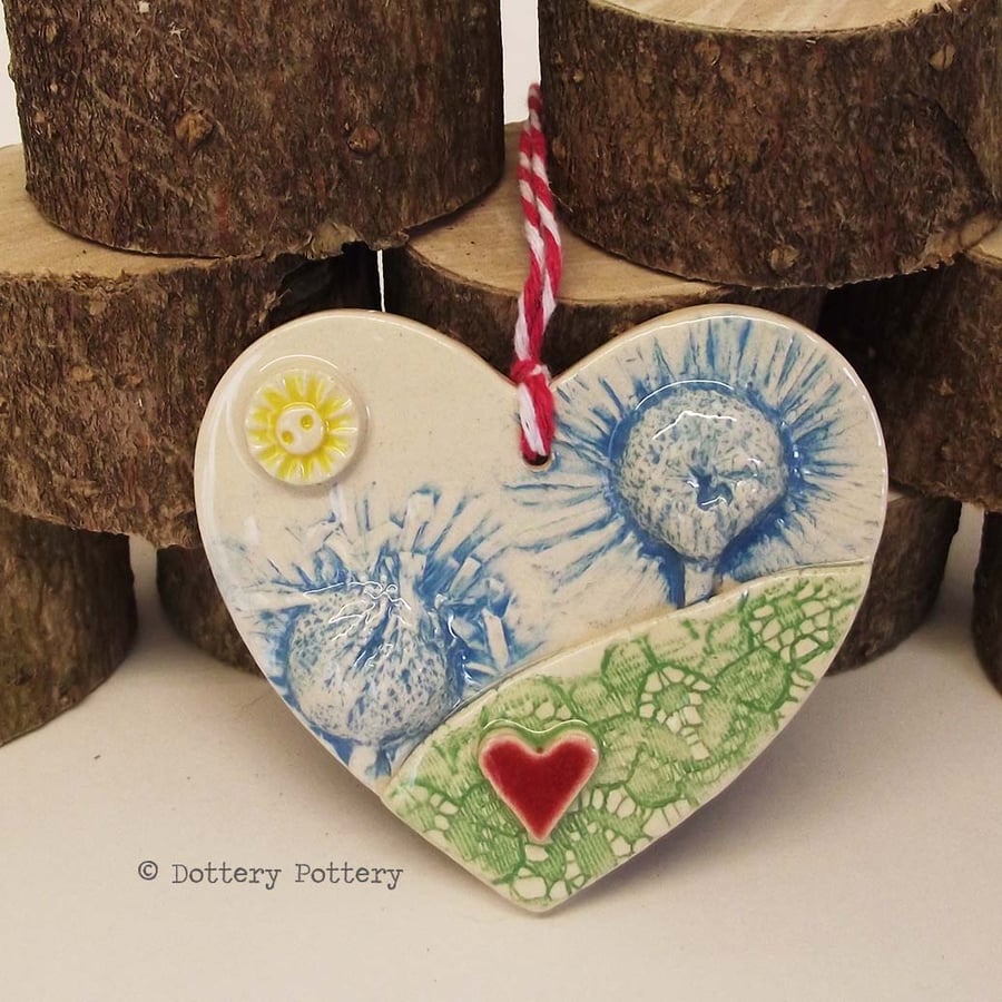 Ceramic heart floral decoration patchwork design, pottery heart 