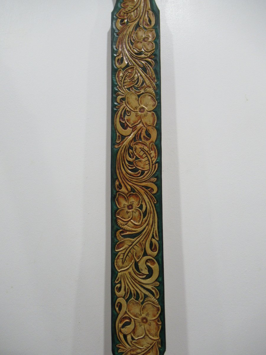 Handmade Leather Tooled floral Green Guitar or Bass Strap