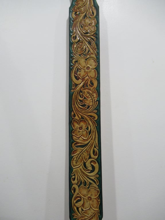 Handmade Leather Tooled floral Green Guitar or Bass Strap
