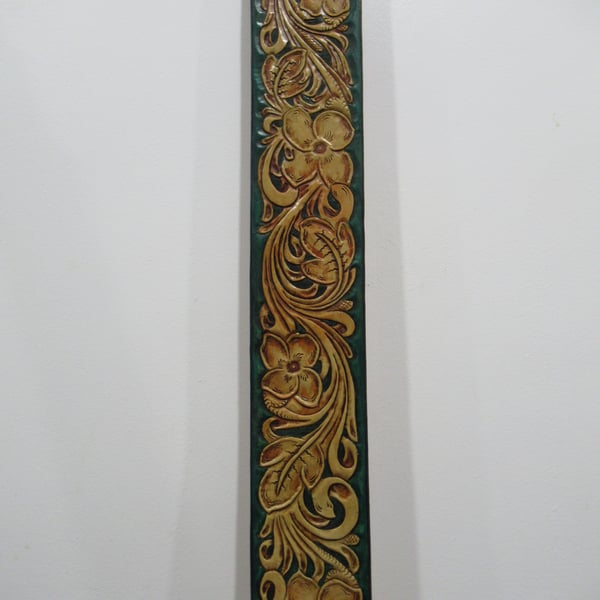 Handmade Leather Tooled floral Green Guitar or Bass Strap