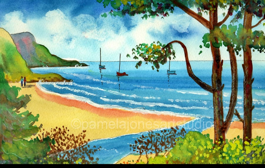 Caswell Bay, Gower, South Wales, Original Watercolour in 14 x 11 '' Mount.