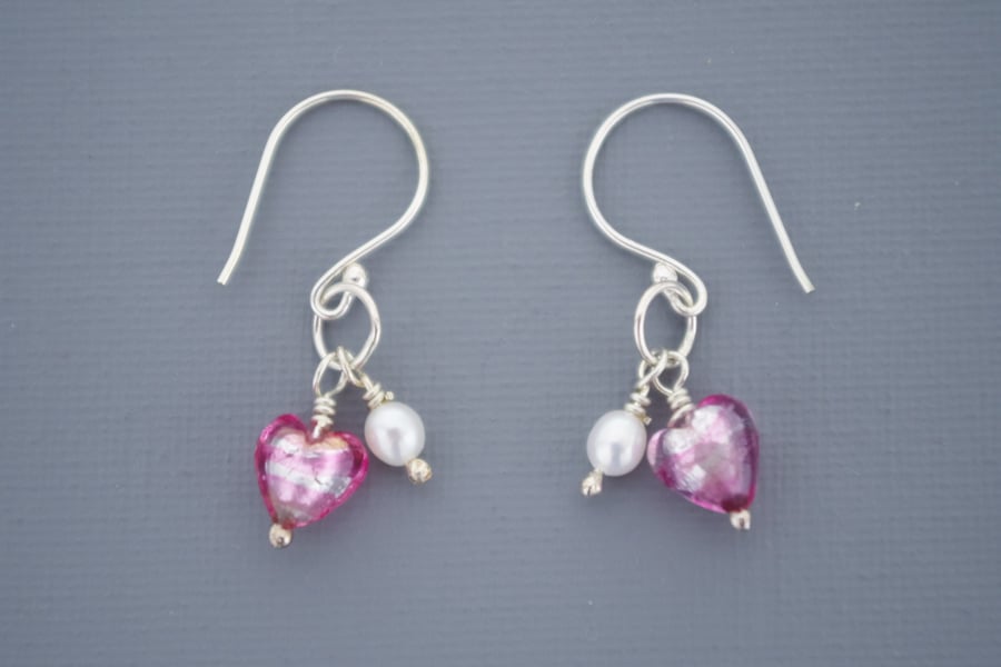 Genuine Pink Murano Heart and Freshwater Pearl Earrings on Sterling Silver Wires