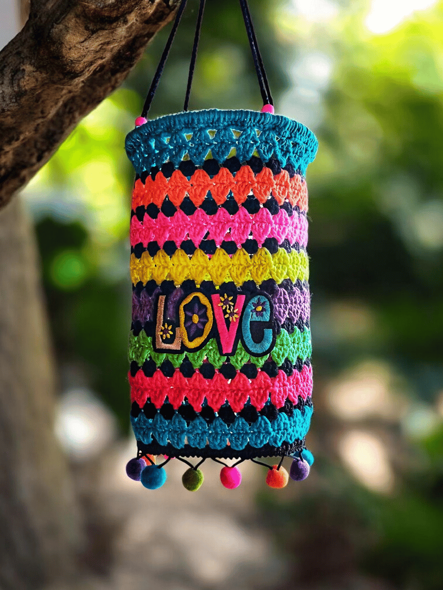 colourful crochet garden lantern, hanging decoration, bright light shade, neon