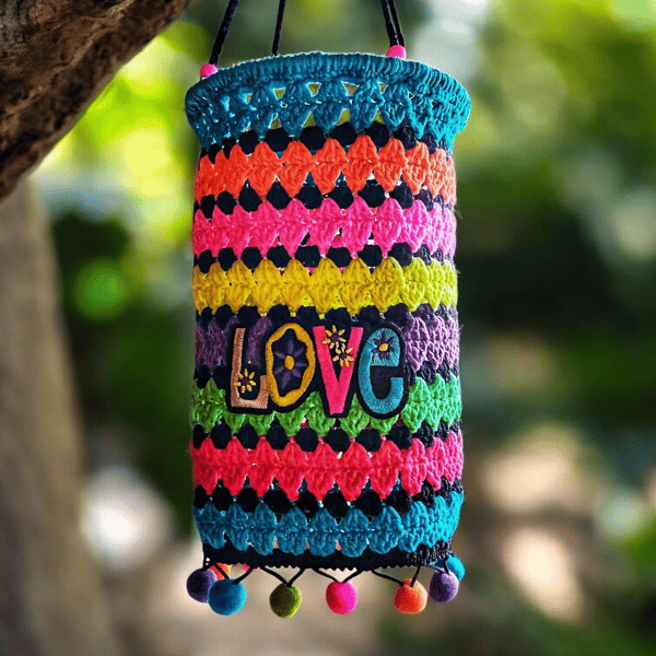 colourful crochet garden lantern, hanging decoration, bright light shade, neon