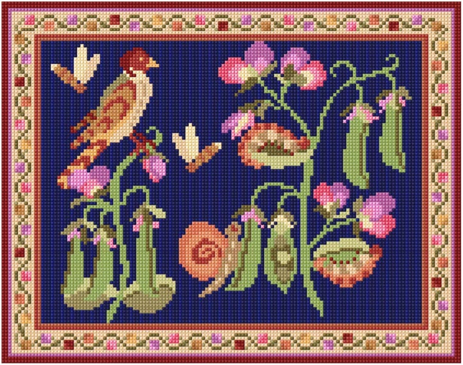 Bird and Sweet Peas Tapestry Cushion Kit, Needlepoint, Picture