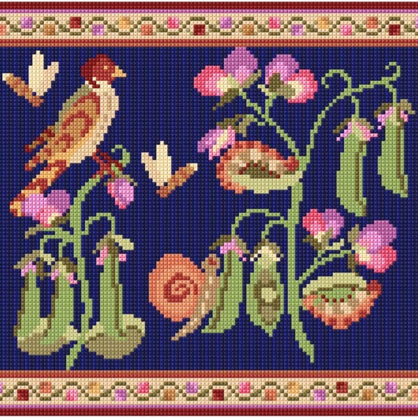 Bird and Sweet Peas Tapestry Cushion Kit, Needlepoint, Picture