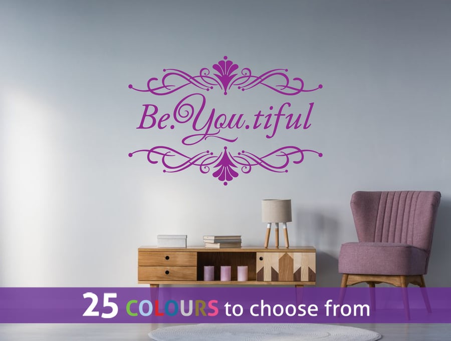 Be You tiful BEAUTIFUL, PURPLE wall art sticker decal with swirls ornament frame