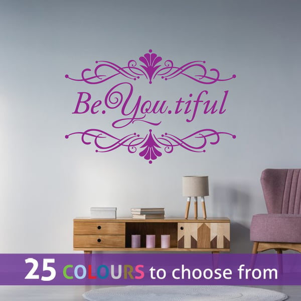 Be You tiful BEAUTIFUL, PURPLE wall art sticker decal with swirls ornament frame