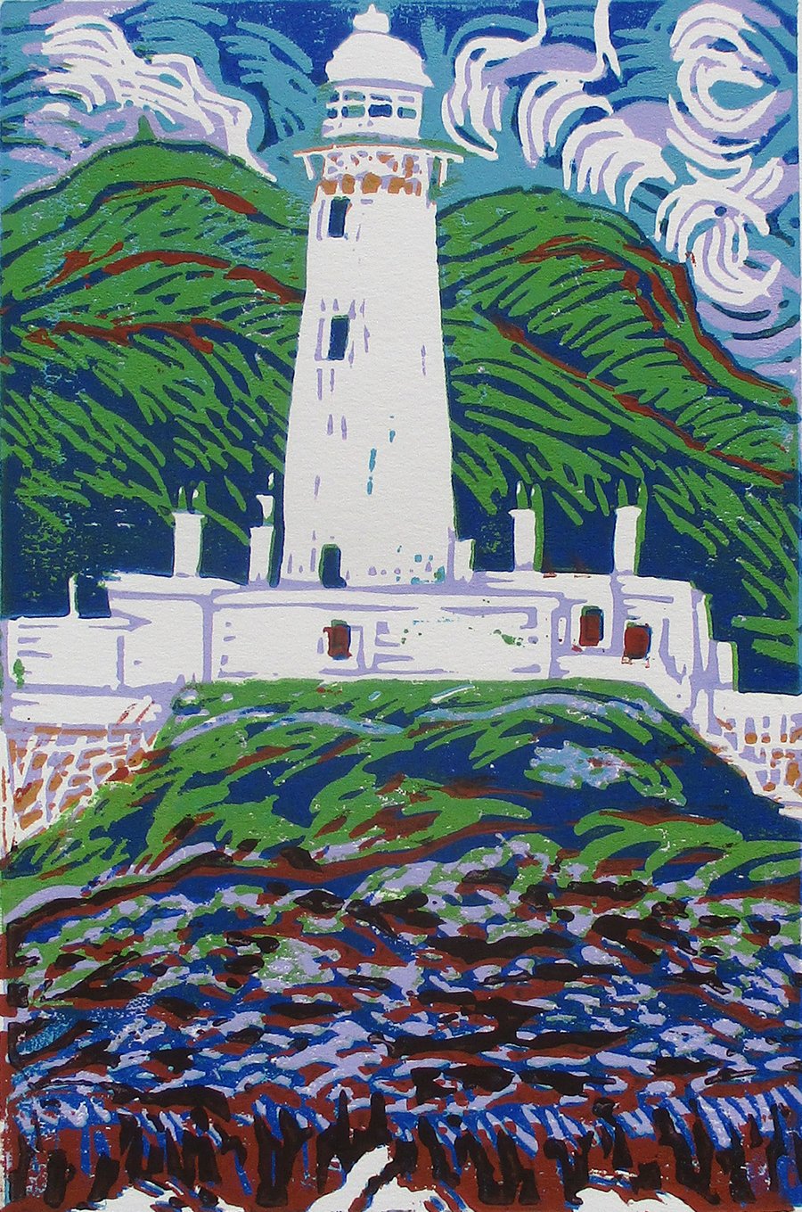 Lismore Lighthouse, Scotland - Original Hand Pressed Linocut Print Ltd Edition