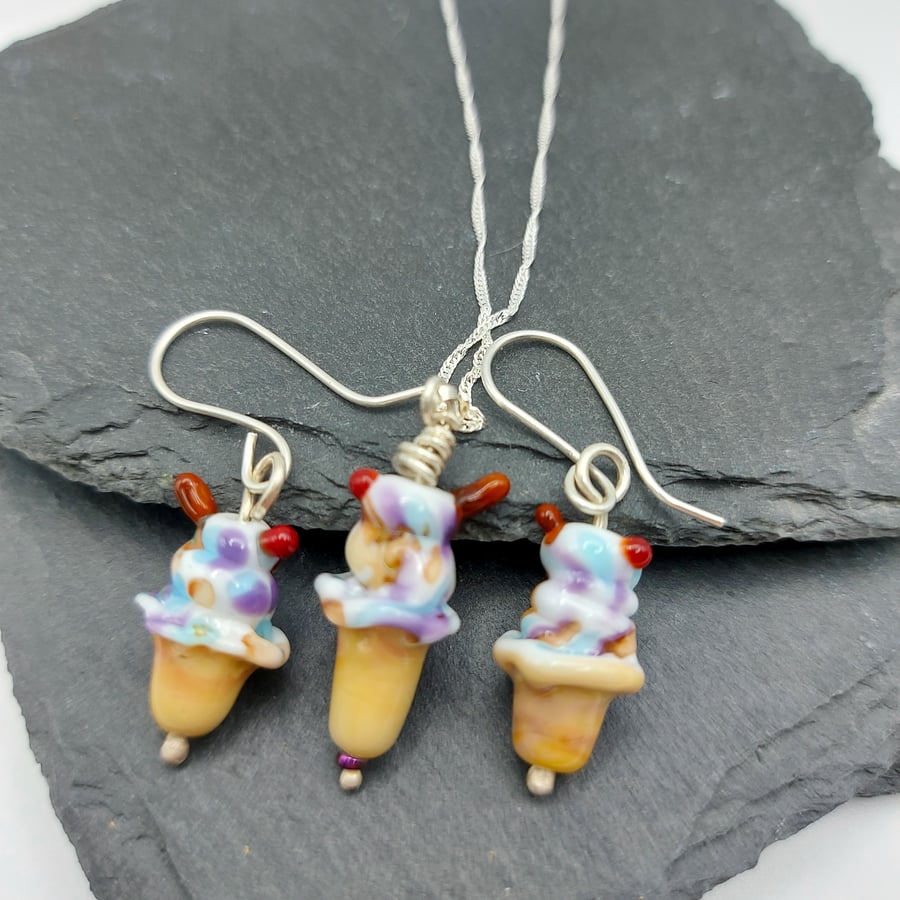 Ice Cream Earring and Pendant set - Lampwork beads
