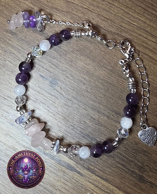 Handmade Amethyst, Rose Quartz and moonstone bracelet 