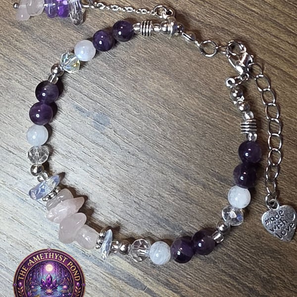 Handmade Amethyst, Rose Quartz and moonstone bracelet 