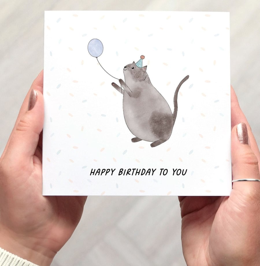 Cat Birthday Card, square birthday card with a cute cat illustration