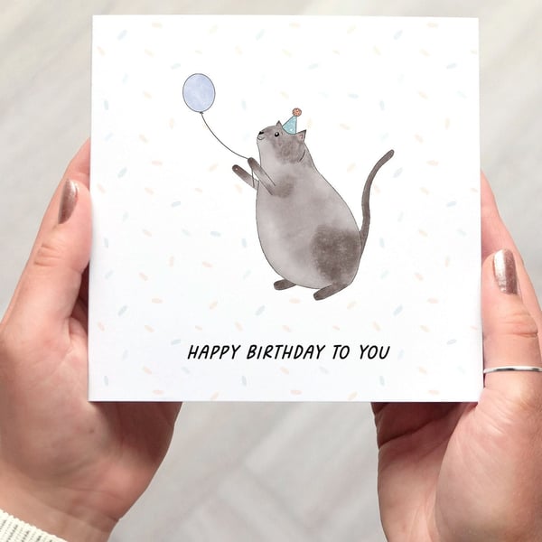 Cat Birthday Card, square birthday card with a cute cat illustration