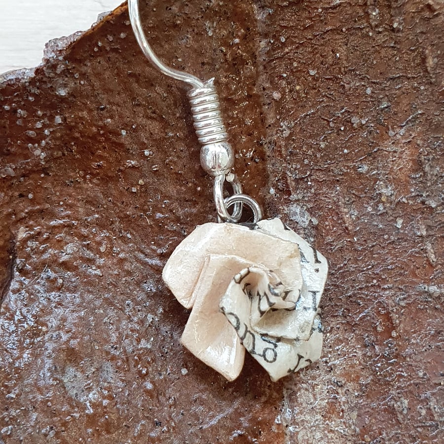 Dainty rose drop earrings made with paper from Wuthering Heights, origami 