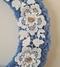 Handmade Blue Yarn Wreath,White Lace Flowers And Wooden Love Hearts,Shabby Chic - Image 4
