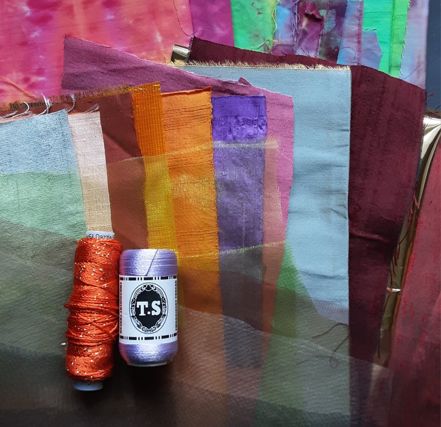 Inspiration Pack Hand Dyed cottons, Silk, Organza Embroidery Thread