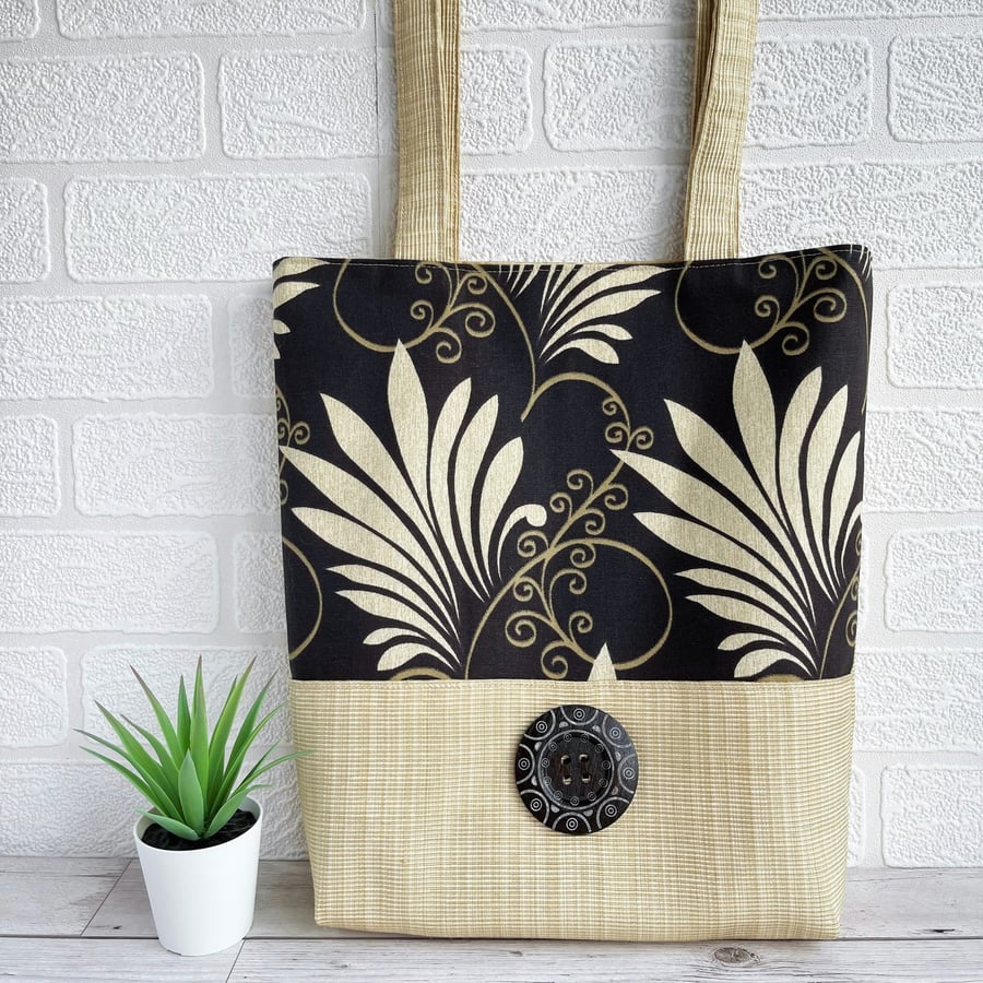 Abstract Pattern Tote Bag with Large Wooden Statement Button