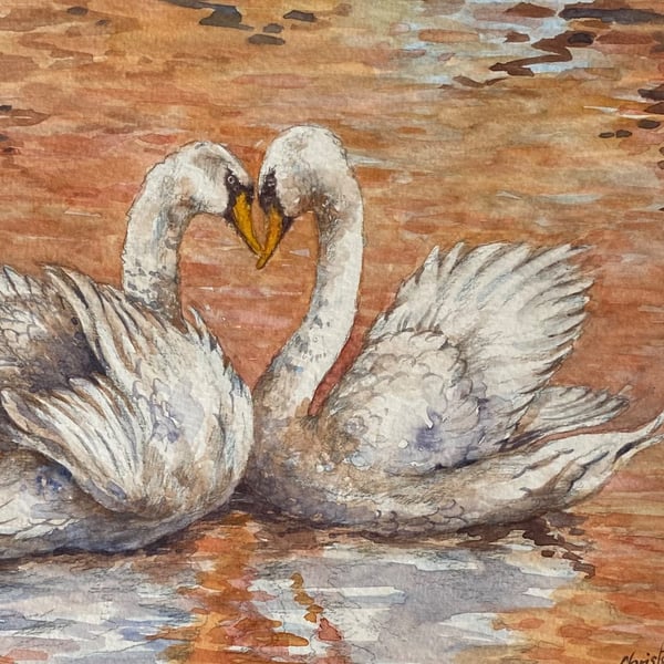 Swans in Autumn. Original watercolour by Christopher Hughes