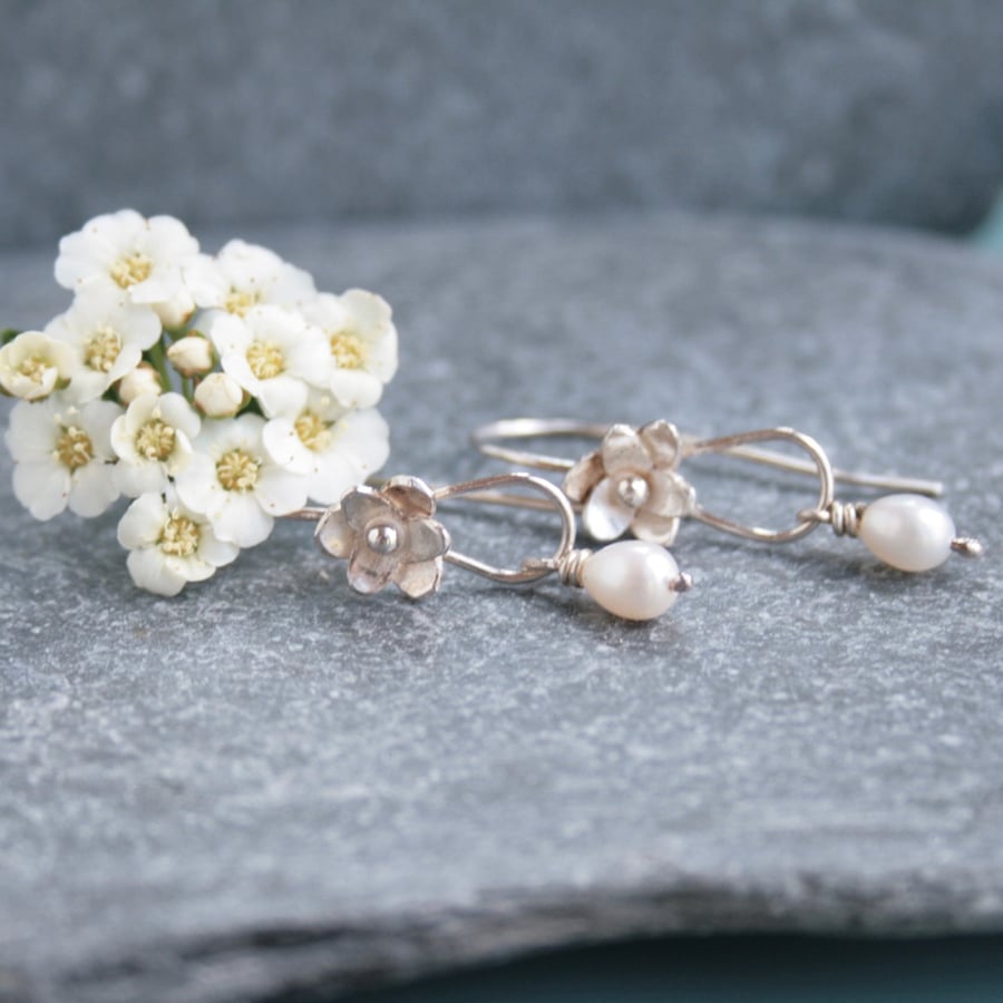 Sterling silver flower and pearl earrings, pearl wedding earrings