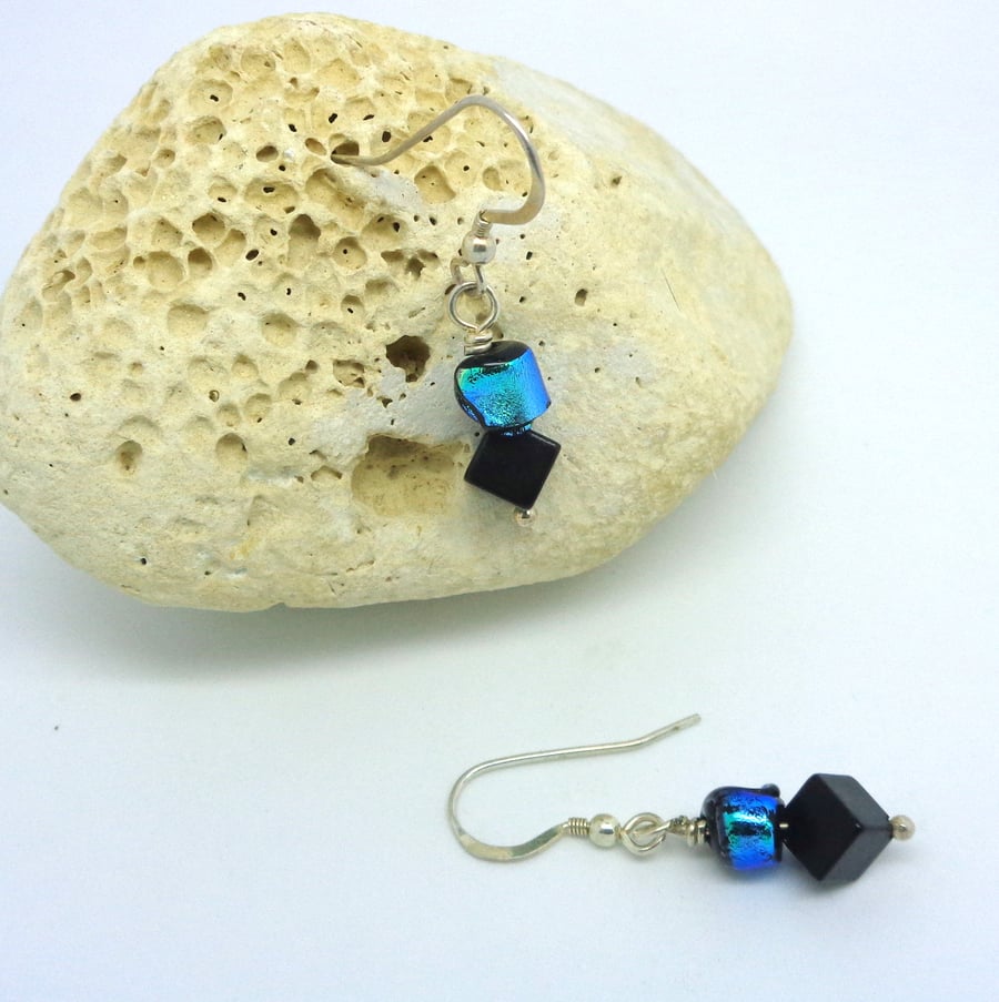 Sterling silver & dichroic glass art drop earrings in turquoise & black