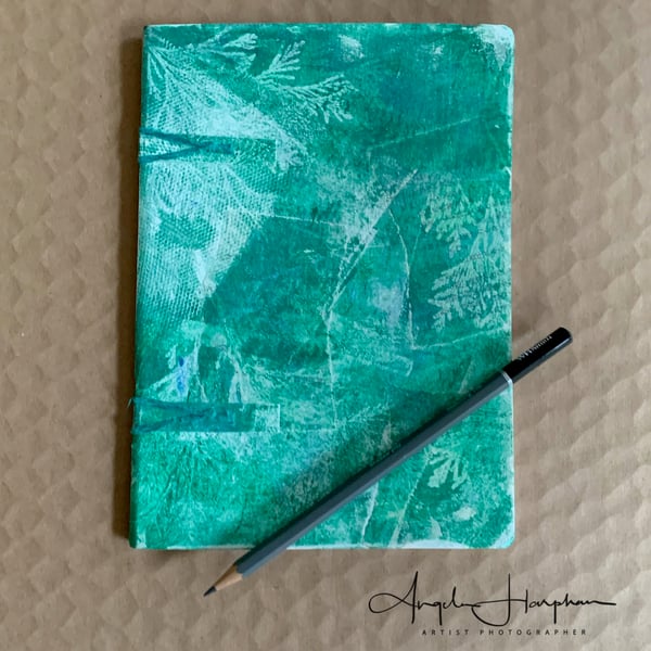 A5 Blank Eco Sketch Book - Hand Stitched with Green Monoprint Front Cover