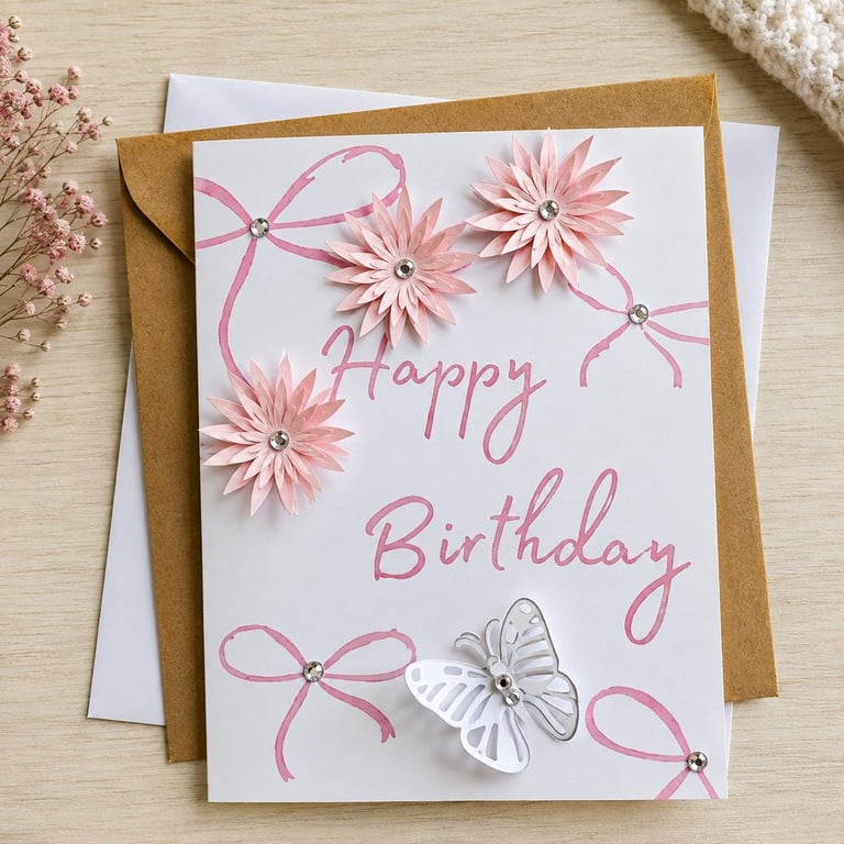 Handmade Pink Flower Birthday Card, 3D Floral Greeting Card, White Butterfly, Bl