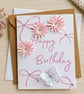Handmade Pink Flower Birthday Card, 3D Floral Greeting Card, White Butterfly, Bl