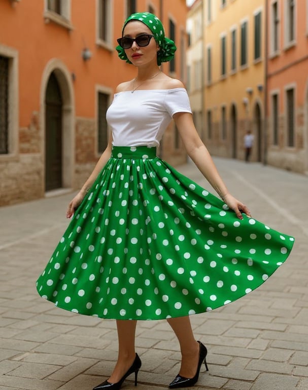 1950s Vintage Retro Rockabilly Circle Skirt polka dots print Green Sizes 10-26 