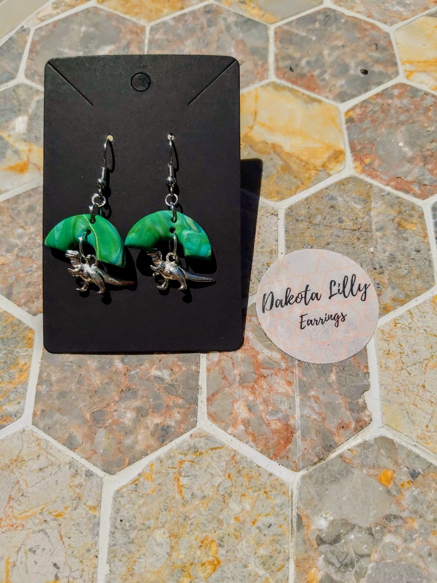 Green Arc with Dinosaur charm, polymer clay earrings