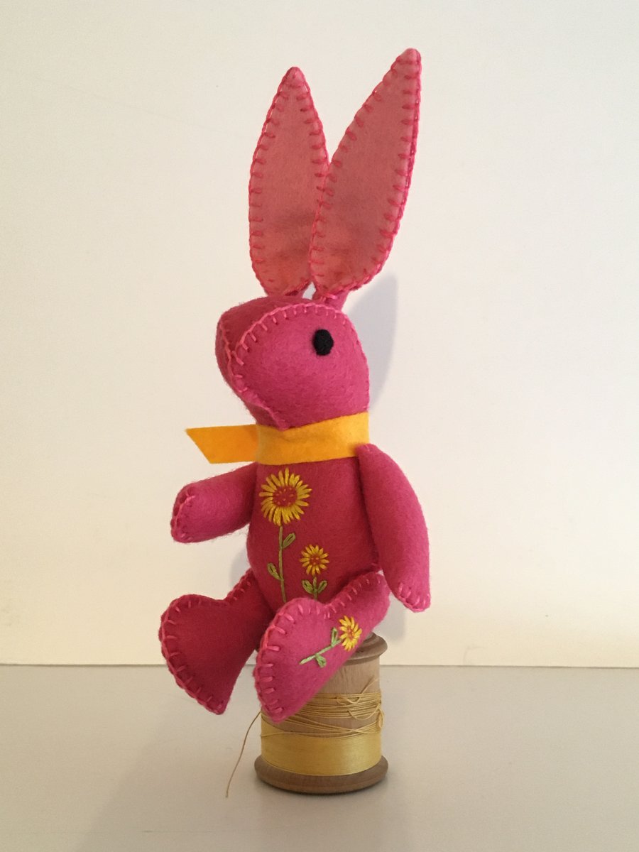 Hand Embroidered Little Fuchsia Pink Felt Bunny 