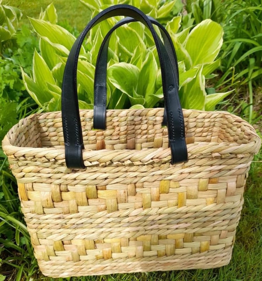 Rush Shopping Basket with English leather handles - Handmade in Cornwall - 646