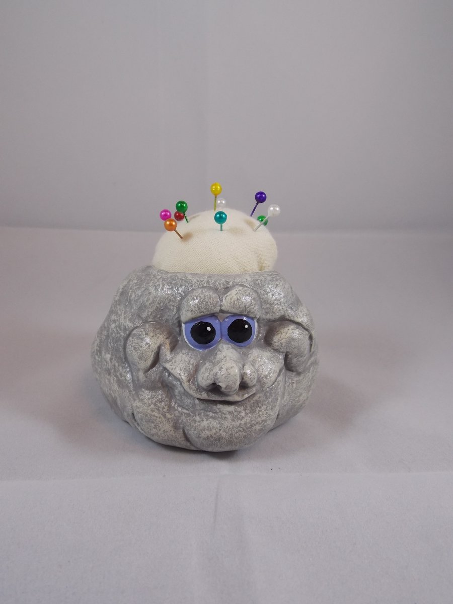 Ceramic Hand Painted Small Grey Stone Pebble Craft Needlework Sewing Pin Cushion