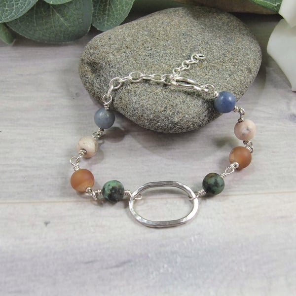 Gemstone Bracelet. Sterling Silver Open Oval and Mixed Gemstone Bracelet