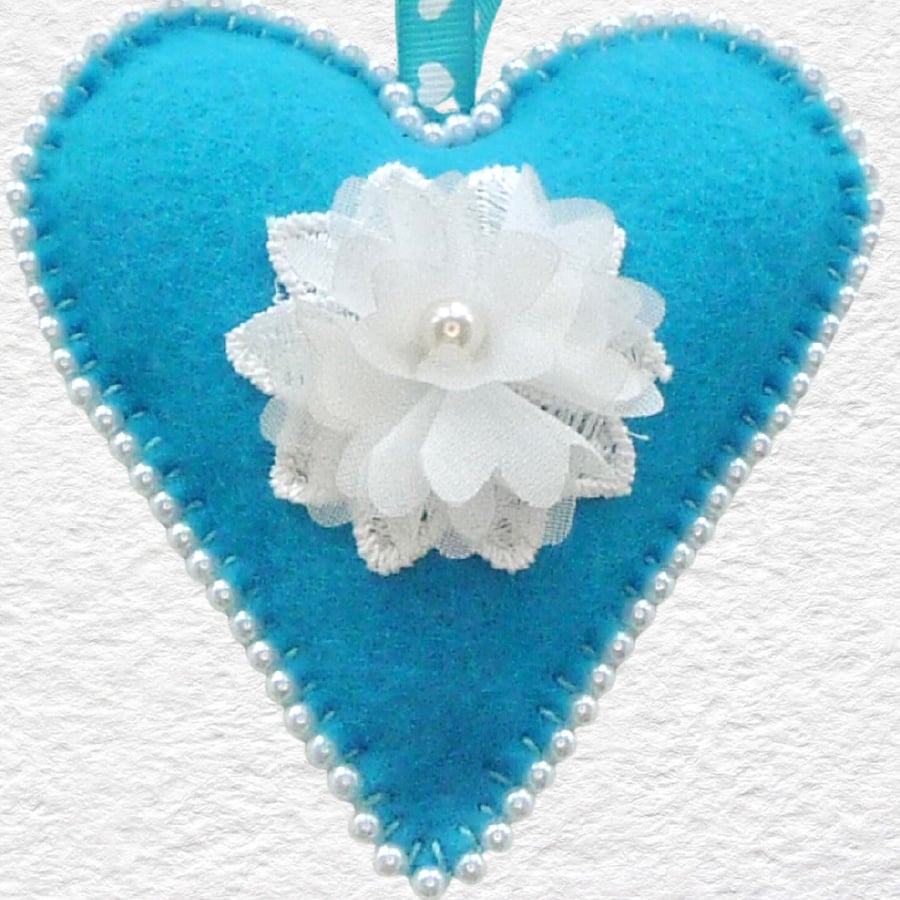 Beaded Felt Heart Ornament 4” (10cm) Blue with Lace Flower