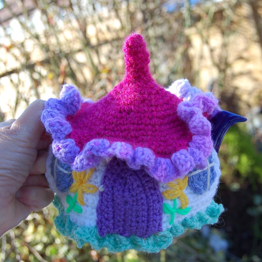 Crochet Fairy cottage tea cosy, colourful tea cosy for a tea for one teapot