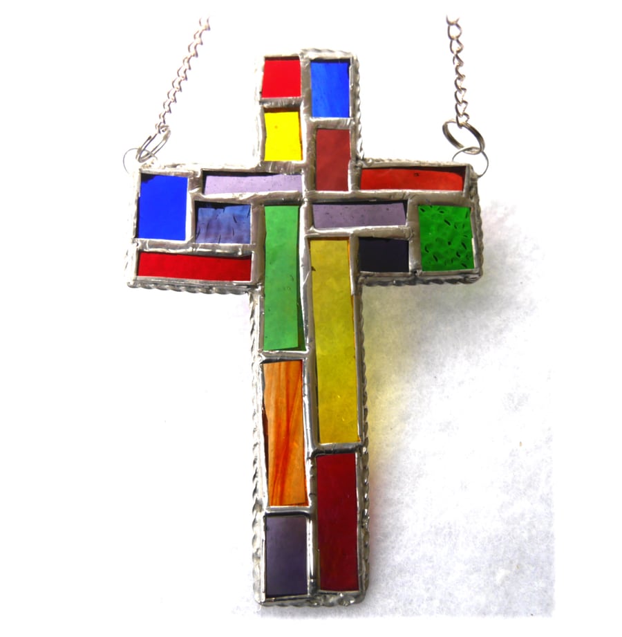 Cross Suncatcher Stained Glass Patchwork Rainbow Handmade 057