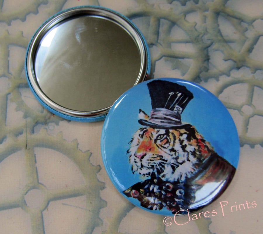 Mad Hatter Tiger Art 58mm Pocket Mirror Animal Cats Top Hat