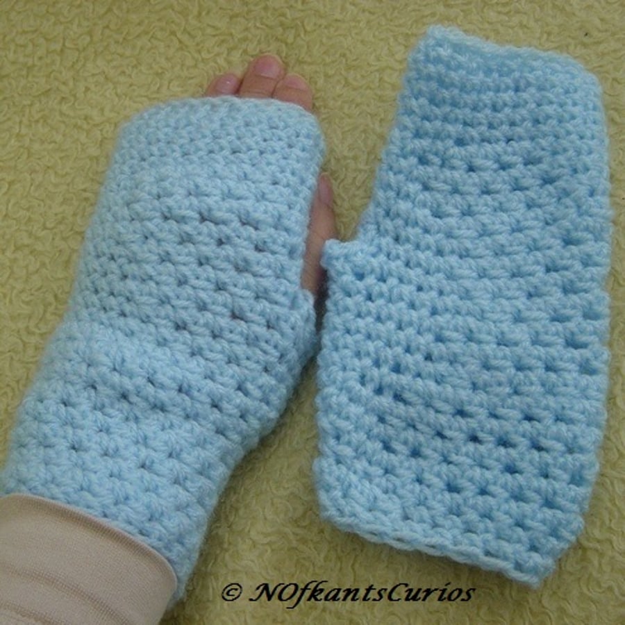 Baby Blue! Crocheted Fingerless Mittens with two differing crochet styles.