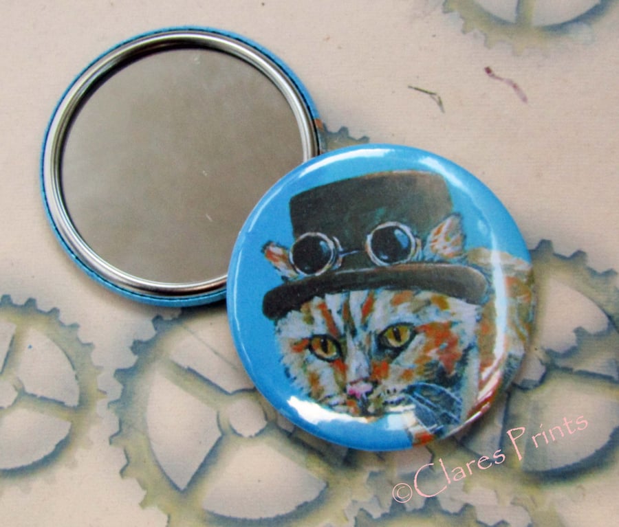 Steampunk GInger Cat Art  58mm  Pocket Mirror Animal Badges Cats Top Hat