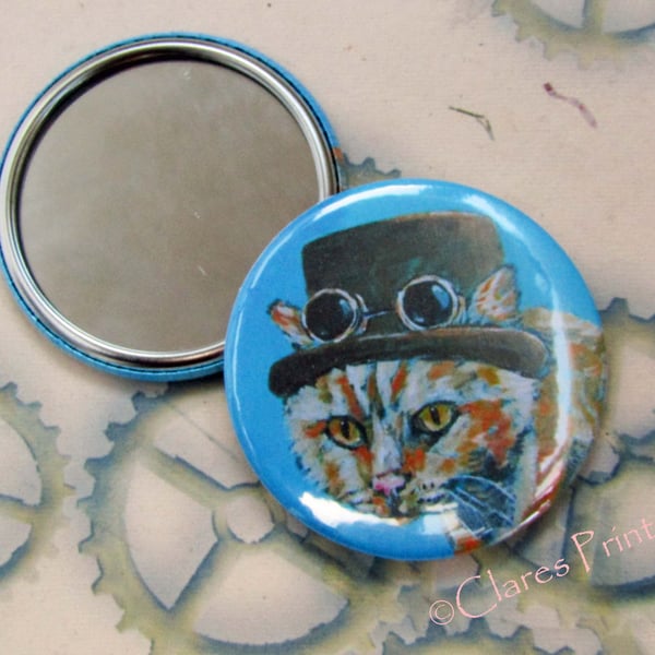 Steampunk GInger Cat Art  58mm  Pocket Mirror Animal Badges Cats Top Hat
