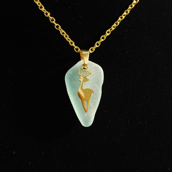Sea glass pendant with deer charm