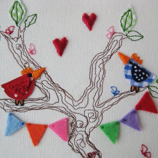 Embroidered Hoop Art 'Tree top bunting'