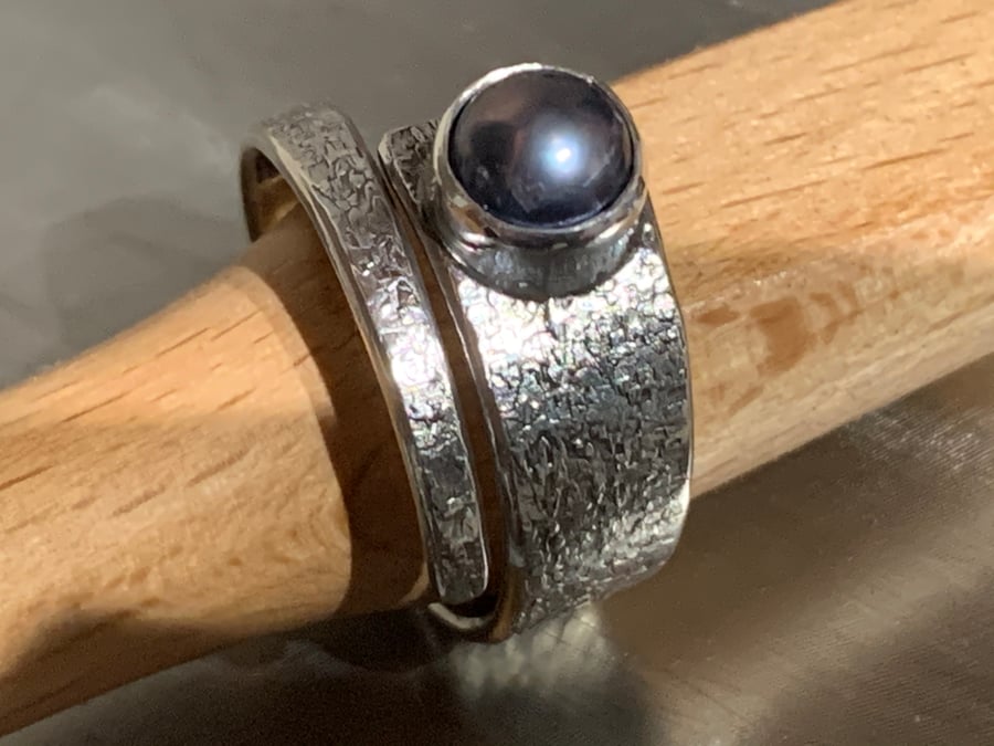 Black Freshwater Pearl and Sterling Silver ‘Wrap’ ring, 100% handmade