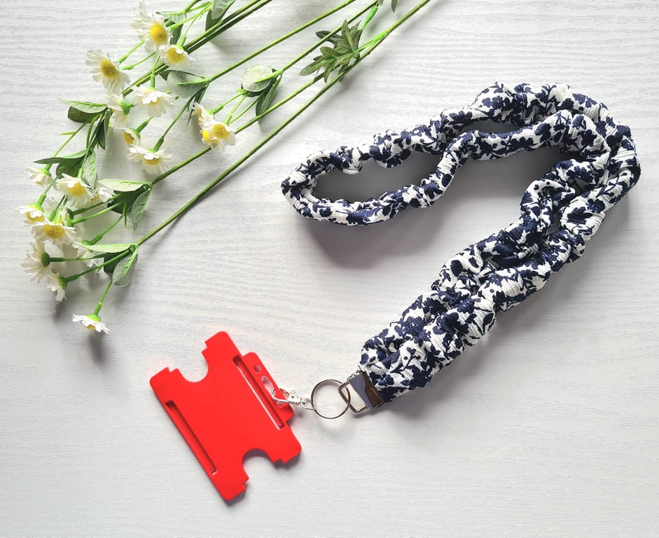 Handmade Scrunchie Lanyard Navy & White Floral Soft Cotton ID Badge Holder