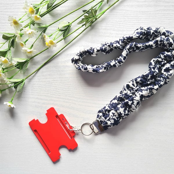Handmade Scrunchie Lanyard Navy & White Floral Soft Cotton ID Badge Holder